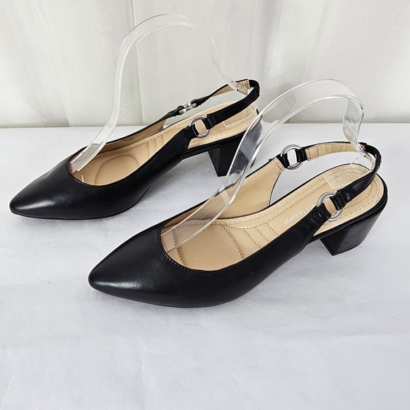 Adrienne Vittadini Black Leather Pointed Toe Sling Back Block Heel Size 7.5 - Picture 3 of 12